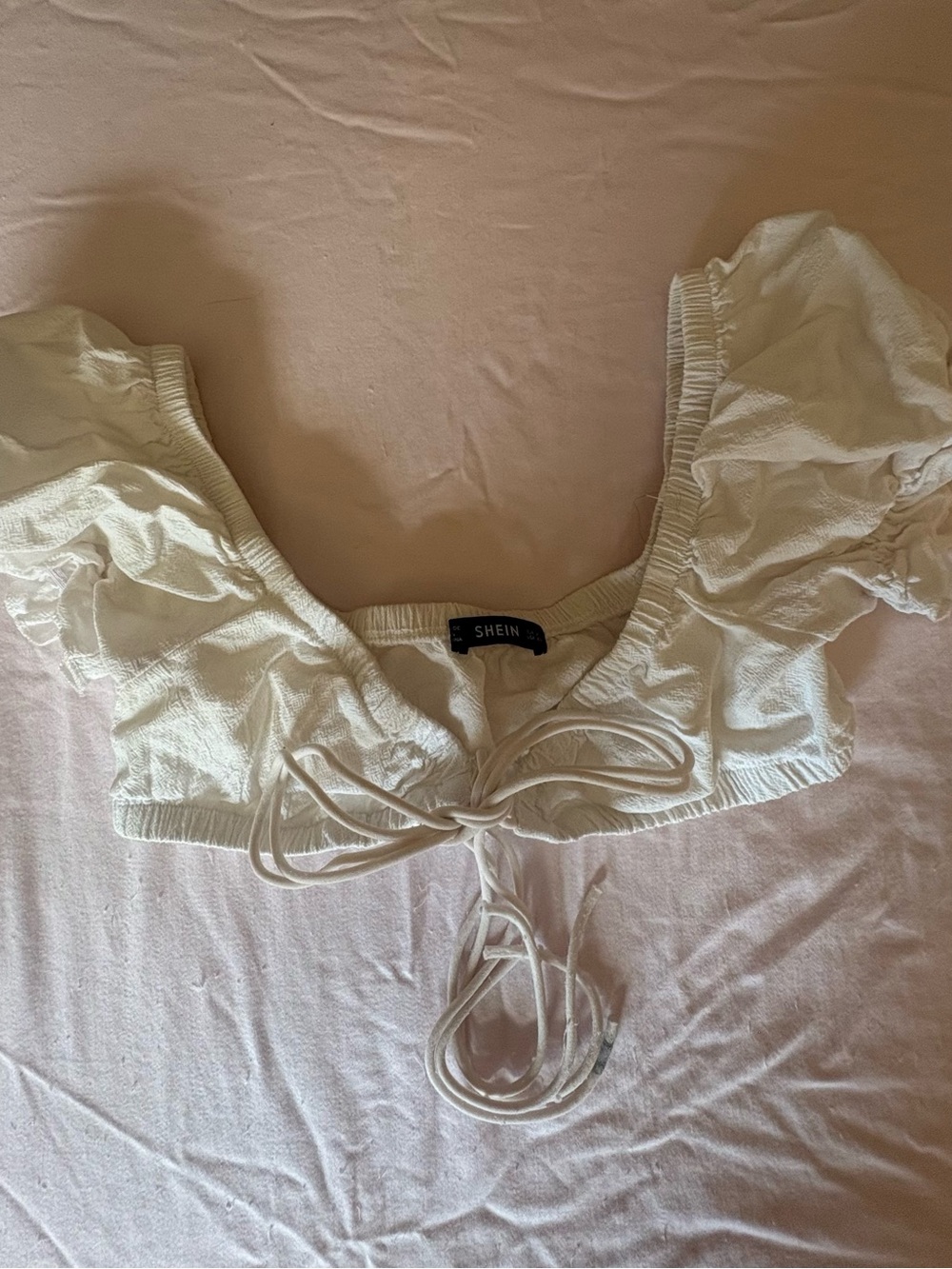 SHEIN Cream Ruffle Tie-Front Crop Top